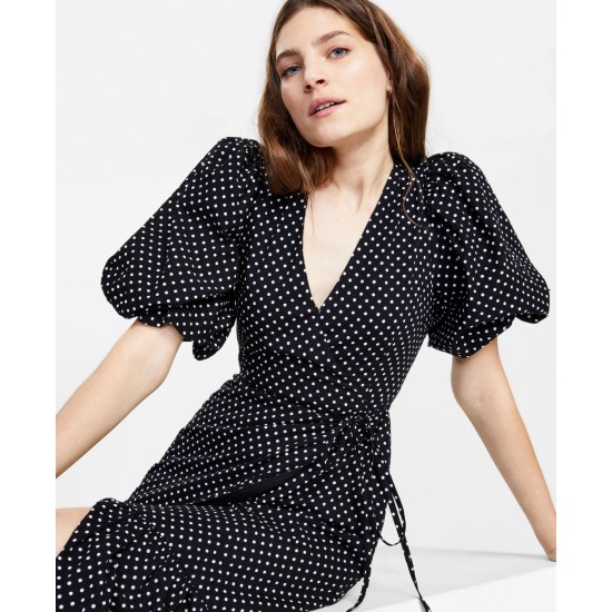  Polka Dot Wrap Midi Dress, Black/XL