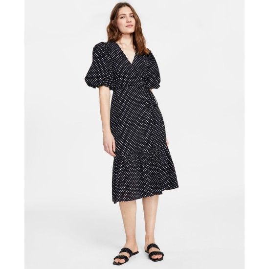 Polka Dot Wrap Midi Dress, Black/XL