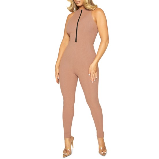  Womens Zipped Up Baby Snatched Jumpsuit, Light Brown/S