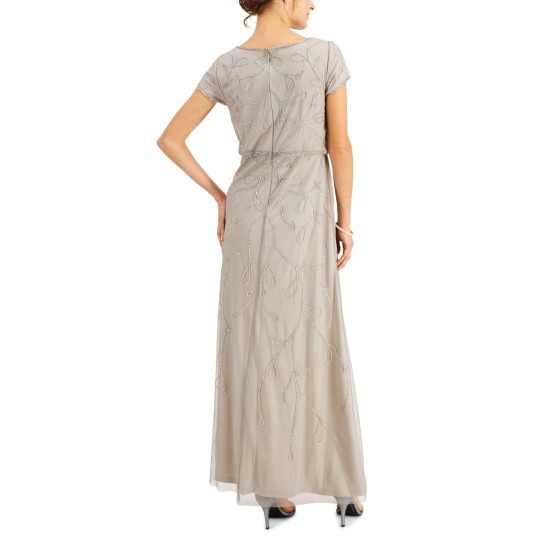  Womens Embellished Blouson Gown, Gray/4