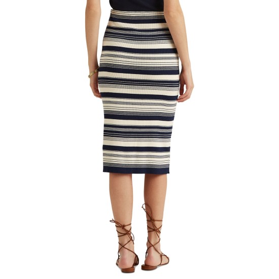  Womens Navy Stretch Textured Striped Midi Wear To Work Pencil Skirt, Small