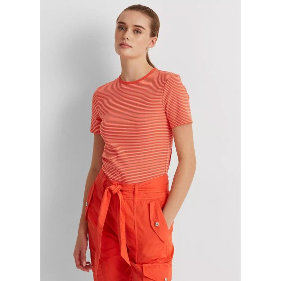  Womens Orange Striped Short Sleeve Crew Neck T-Shirt, Orange, S