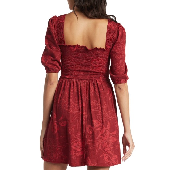  Women’s Rolling Sunsets Floral Smock Bodice Cotton Blend Dress, Red , Large