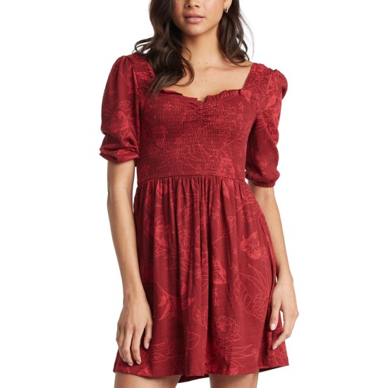  Women’s Rolling Sunsets Floral Smock Bodice Cotton Blend Dress, Red , Large