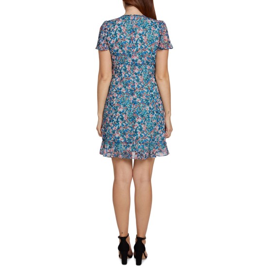  Women’s Petite Floral-Print A-Line Dress, Blue/White, 10P