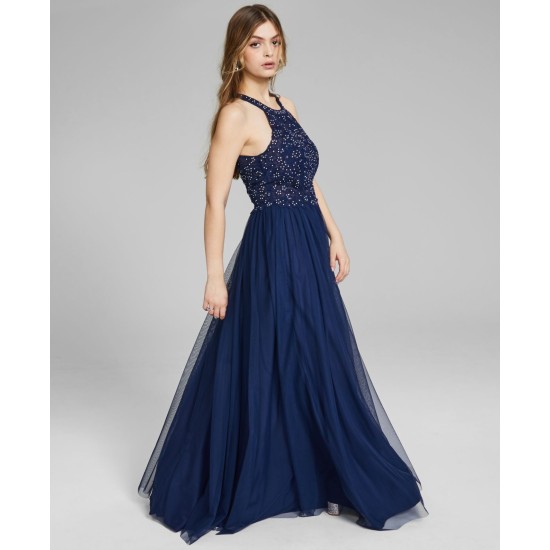  Womens  Applique-Lace Halter Ball Gown, Navy/7