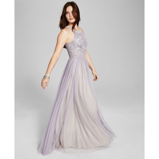  Womens Applique-Lace Halter Ball Gown, Lavender/3