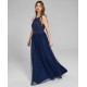  Womens  Applique-Lace Halter Ball Gown, Navy/7
