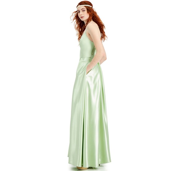 Womens Juniors’ Lace-Up-Back Satin Gown, Green/5
