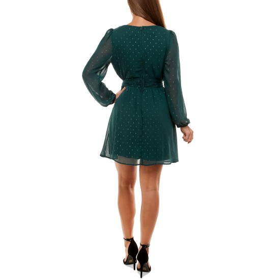  Womens Juniors’ Metallic Dot Wrap Dress, Dark Green/S