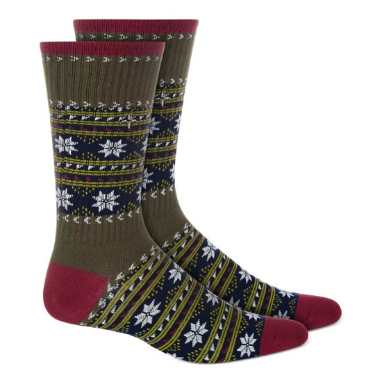  Men’s Holiday Snowflake Crew Socks, Green,Shoe size 7-12