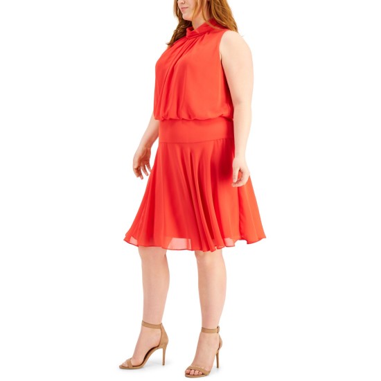  Women’s Plus Size Mock Neck Blouson Dress, Coral, 14-15 Plus