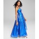  Womens Juniors’ Lace-Up Metallic Gown, Blue/7