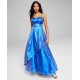  Womens Juniors’ Lace-Up Metallic Gown, Blue/7