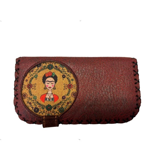  Handmade Womens Vegan Wallet Water-based Print Eco Friendly Faux Leather Wallet, Red, Frida in Flowers