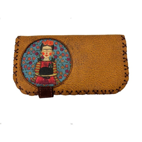  Handmade Womens Vegan Wallet Water-based Print Eco Friendly Faux Leather Wallet, Orange, Frida Holding a Cat