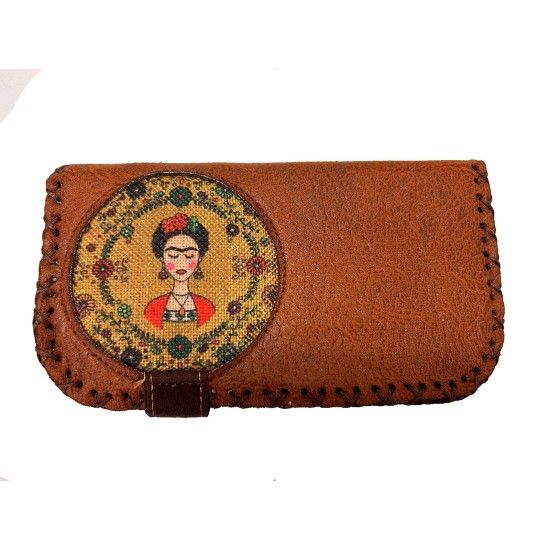  Handmade Womens Vegan Wallet Water-based Print Eco Friendly Faux Leather Wallet, Orange, Frida in Flowers