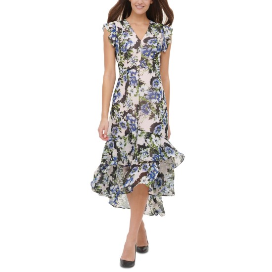  Womens Chiffon Floral Flutter-Sleeve Dress, Blue/4