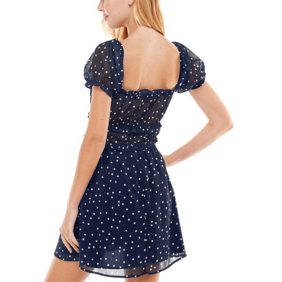  Womens Juniors’ Printed Puff-Sleeve Dress, Navy/XS