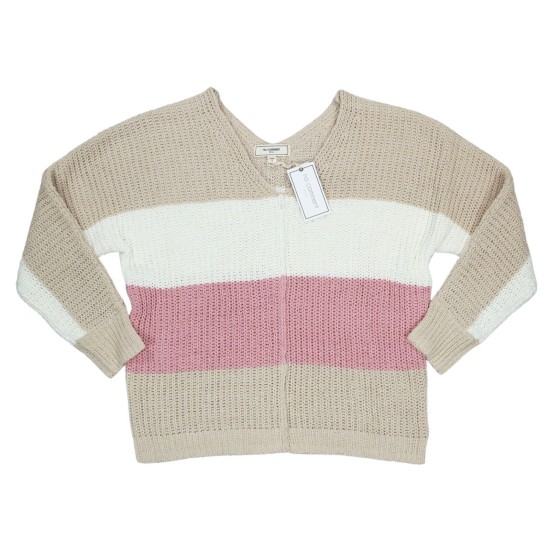 Juniors Chenille Colorblock Lightweight Knit V-Neck Sweater, Beige, Large