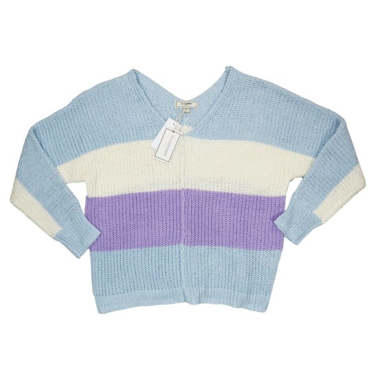  Juniors Chenille Colorblock Lightweight Knit V-Neck Sweater, Sky Lavender Stripe, Large