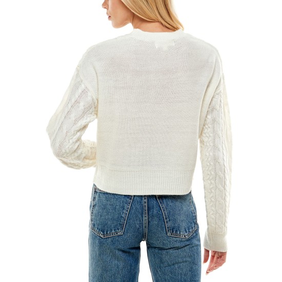  Juniors’ Mixed-Cable Sweater, Ivory, Large