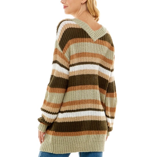  Juniors’ Striped Sweater Tunic,Green, Large