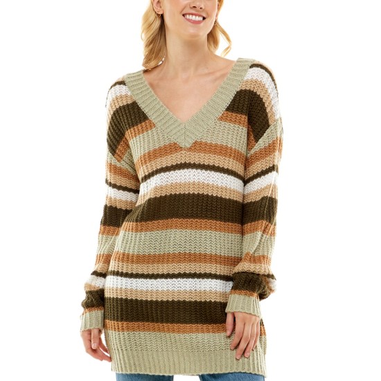  Juniors’ Striped Sweater Tunic,Green, Large