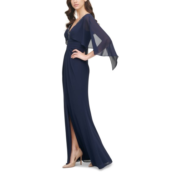  Womens Beaded Neckline Capelet Gown, Navy/8