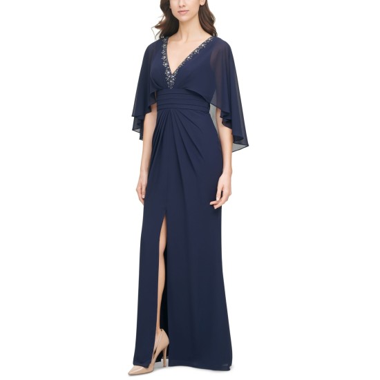  Womens Beaded Neckline Capelet Gown, Navy/8