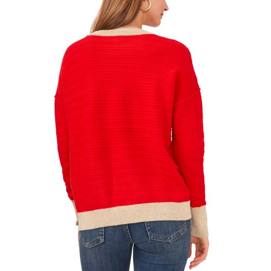  Womens Colorblocked-Trim Sweater, Red, XL