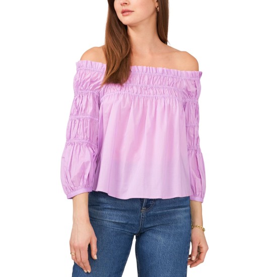  Women’s Cotton Smocked Off-The-Shoulder Top, Lilac, Medium