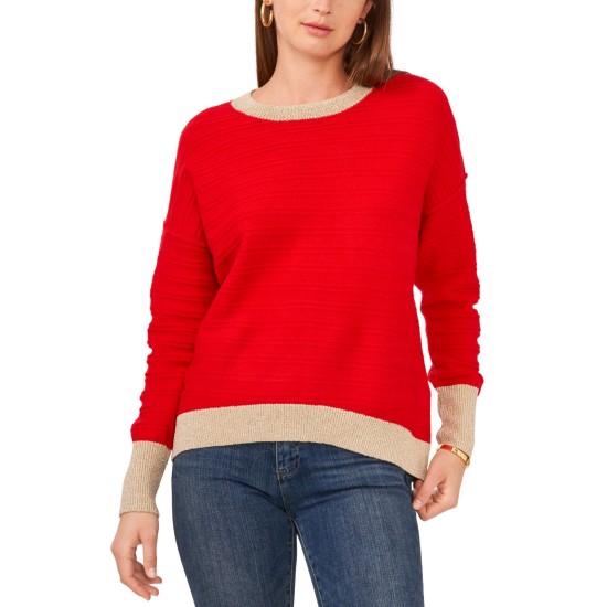  Womens Edged Crewneck Sweater, Red, M