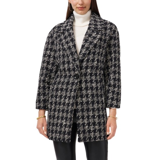  Womens Houndstooth Cotton Tweed Jacket, Gray, L