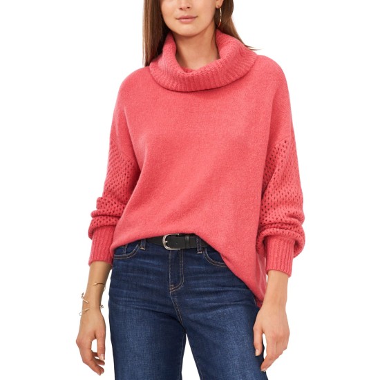  Women’s Pointelle Turtleneck Sweater, Carmine Pink, Large