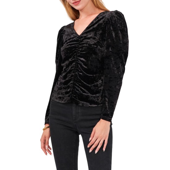  Womens Ruched Velour Top, Black, XL
