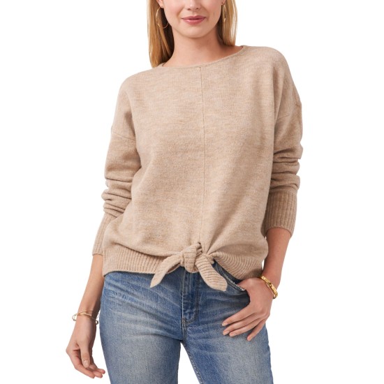  Womens Tie-Hem Boat-Neck Sweater, Beige, XL