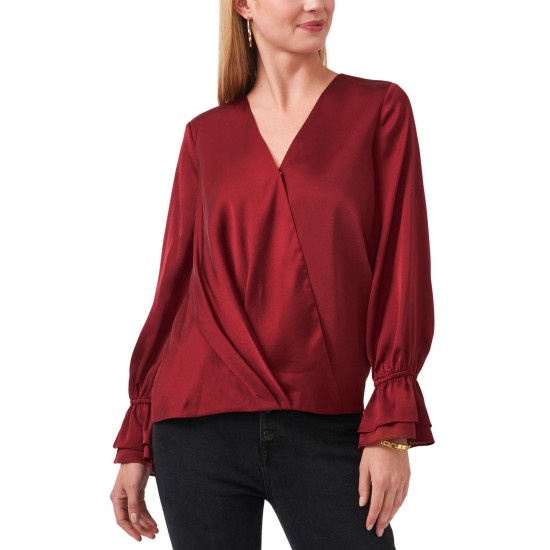  Women’s Wrap Front Double Cuff Blouse, Earth Red, Large
