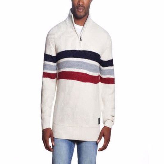  Men’s Shaker Stitch Stripe Half Zip Sweater, Ecru, Small