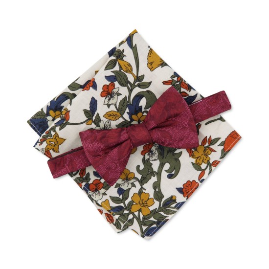  Men’s Floral Pre-Tied Bow Tie & Pocket Square Set, Cognac
