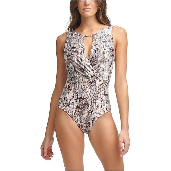  Printed Tummy Control One-Piece Swimsuit, 6, Beige