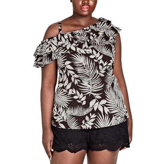 Women’s Trendy Plus Size Palm-Print Ruffle T-Shirt Tops