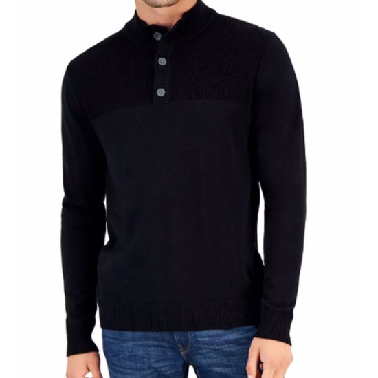  Men’s Button Mock Neck Sweater, Deep Black, 3XLRG