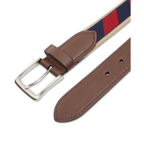  Men’s Canvas Ribbon Overlay Belt with Faux-Leather Trim, Navy/Red, Large (38-40)