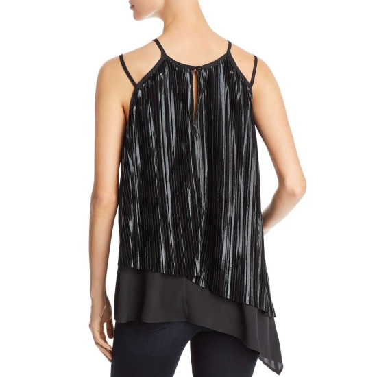  Women's Pleated Overlay Asymmetric Blouses Top, Black, Small