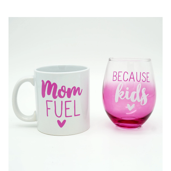 Mom Fuel Because Kids 18oz Coffee Mug & 22oz. Wine Glass Set, Pink