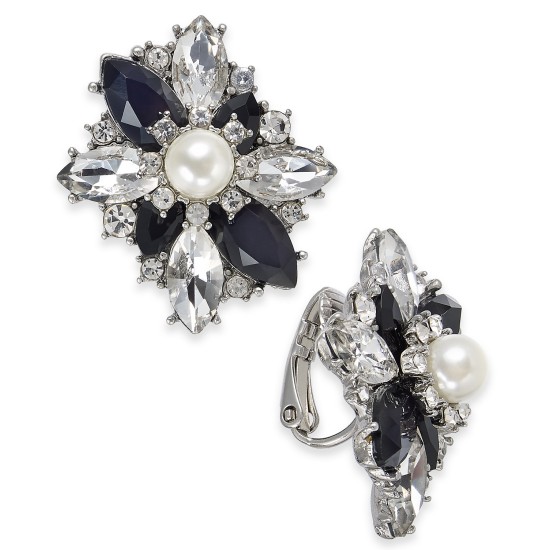  Silver-Tone Crystal, Stone & Imitation Pearl Cluster Clip-On Stud Earring, Black