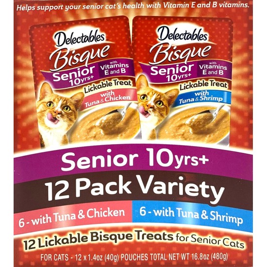  Lickable Stew Treats, Senior 10 yrs+ 12 Pack Variety (6-with Tuna&Chicken, 6-with Tuna&Shrimp)