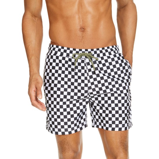   Men’s Printed Checkerboard Mesh Inset Quick Dry Swim Trunks, Black/Ivory, Small
