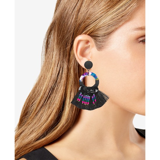  Two-Tone Sequin, Bead, Multicolor Hoop & Fringe Clip-On Drop Earrings